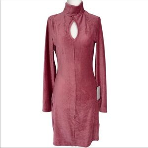 Dual Nature Keyhole Rib Velour Dress Mock Neck Long Sleeve Mini Mauve Small